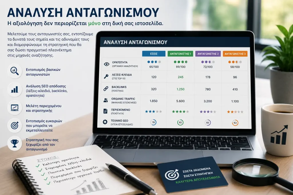Ανάλυση Ανταγωνισμού
Η αξιολόγηση δεν περιορίζεται μόνο στη δική σας ιστοσελίδα.