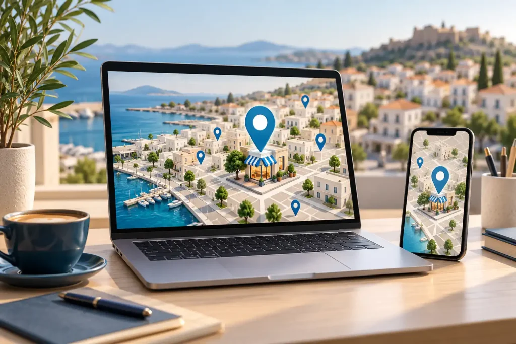 Local SEO: εικονογράφηση τοπικής επιχείρησης με δείκτες τοποθεσίας σε υπολογιστή και κινητό.