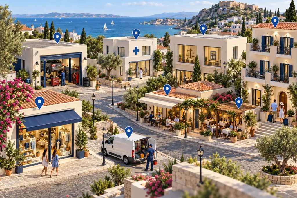 Εικονογράφηση τοπικών επιχειρήσεων με καταστήματα, συνεργείο, ιατρείο, γραφεία και εστιατόρια με δείκτες τοποθεσίας.